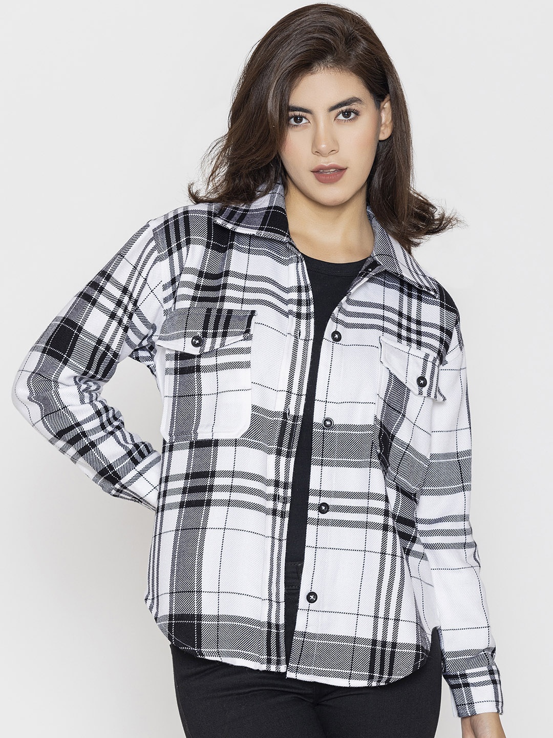 

Lounge Dreams Woolen Checked Relaxed Casual Shacket, White