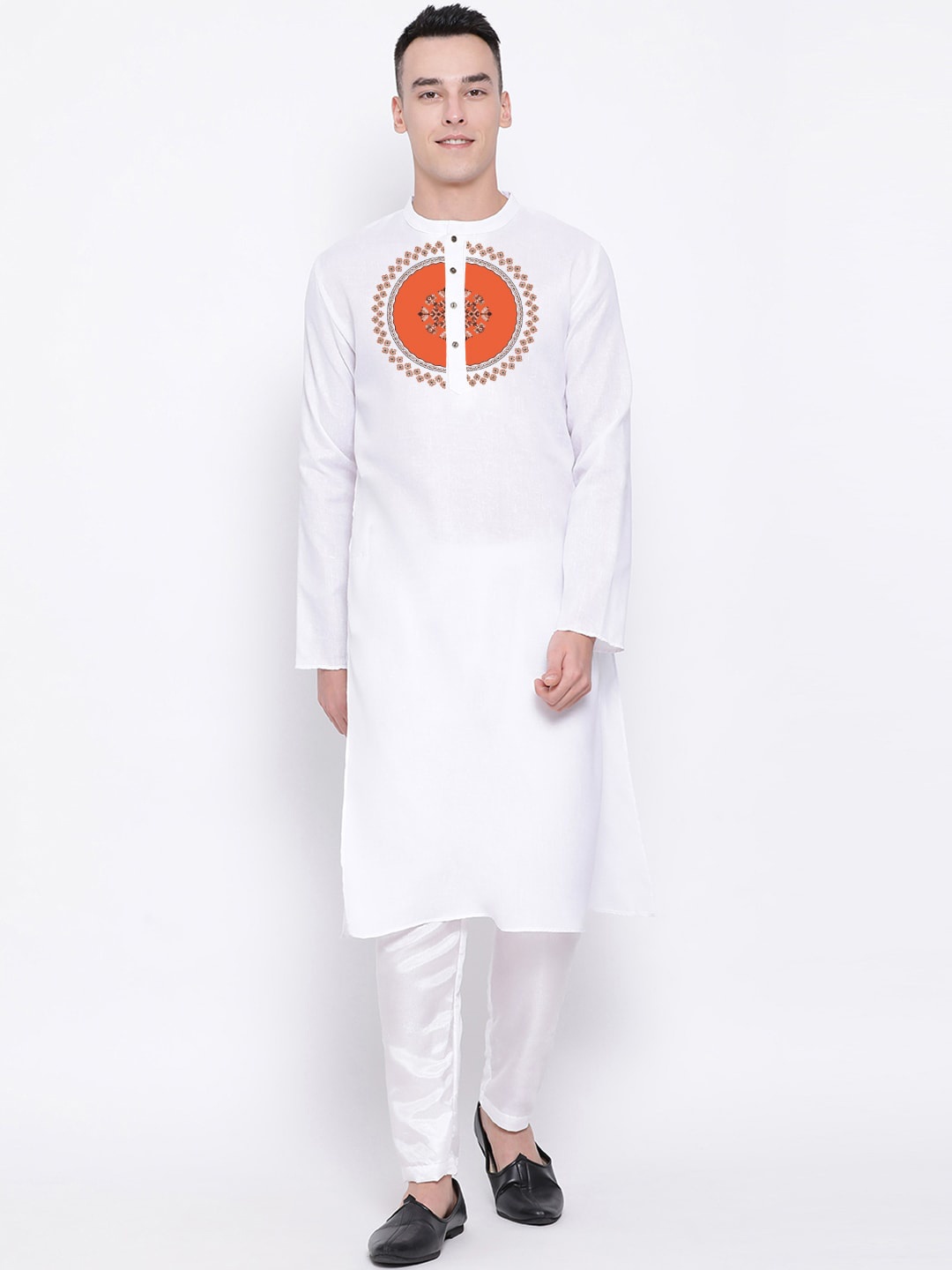 

DEVOILER Ethnic Motifs Printed Straight Band Collar Kurta, White