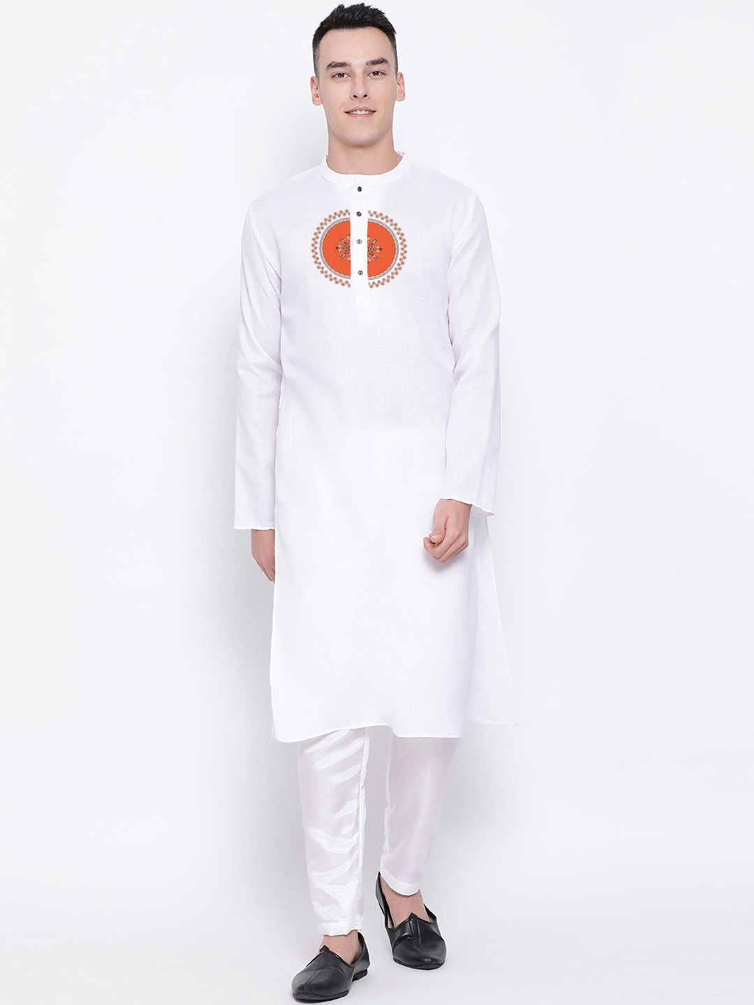 

DEVOILER Ethnic Motifs Printed Band Collar Straight Kurta, White