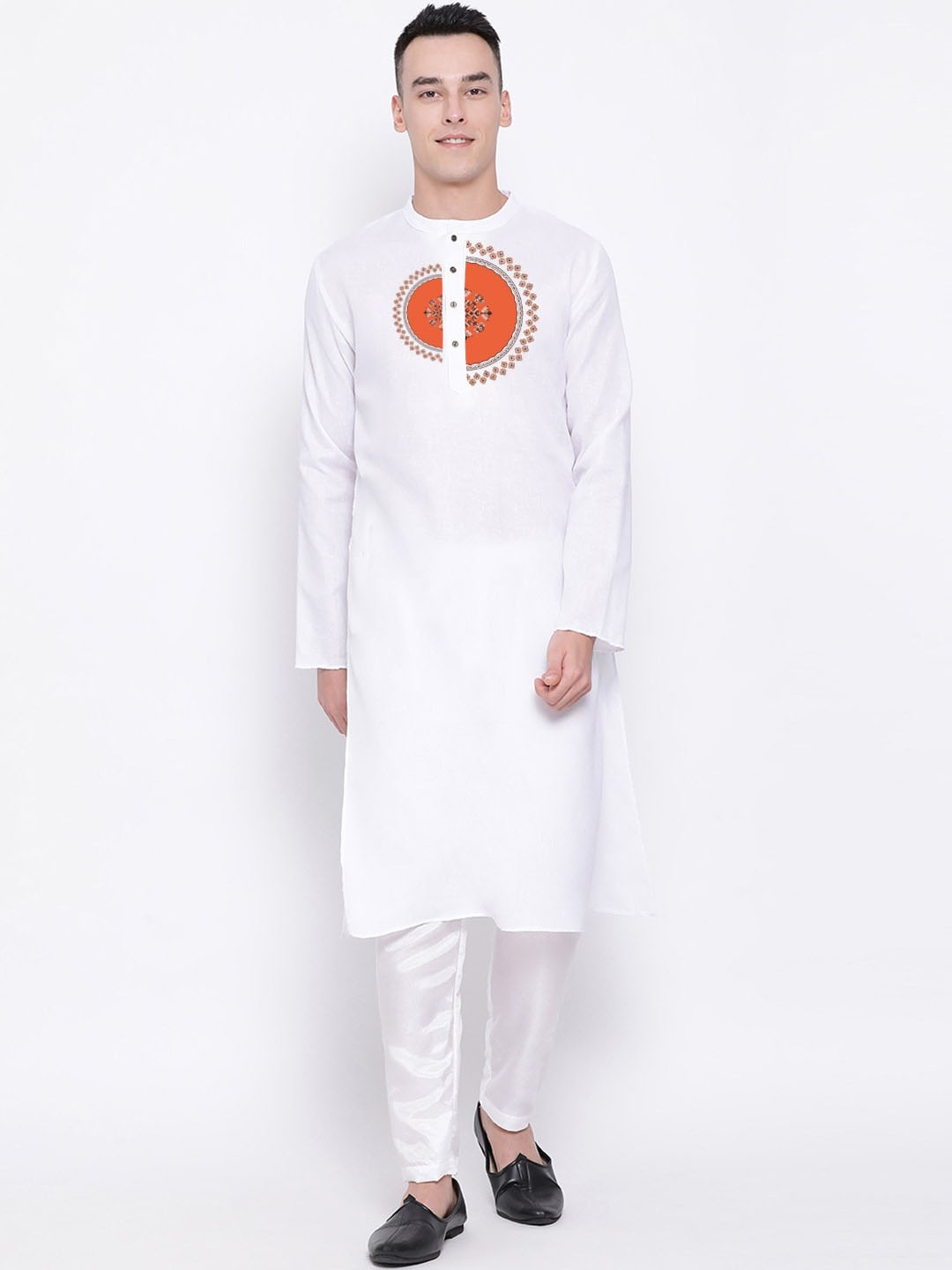 

DEVOILER Ethnic Motifs Printed Band Collar Straight Kurta, White