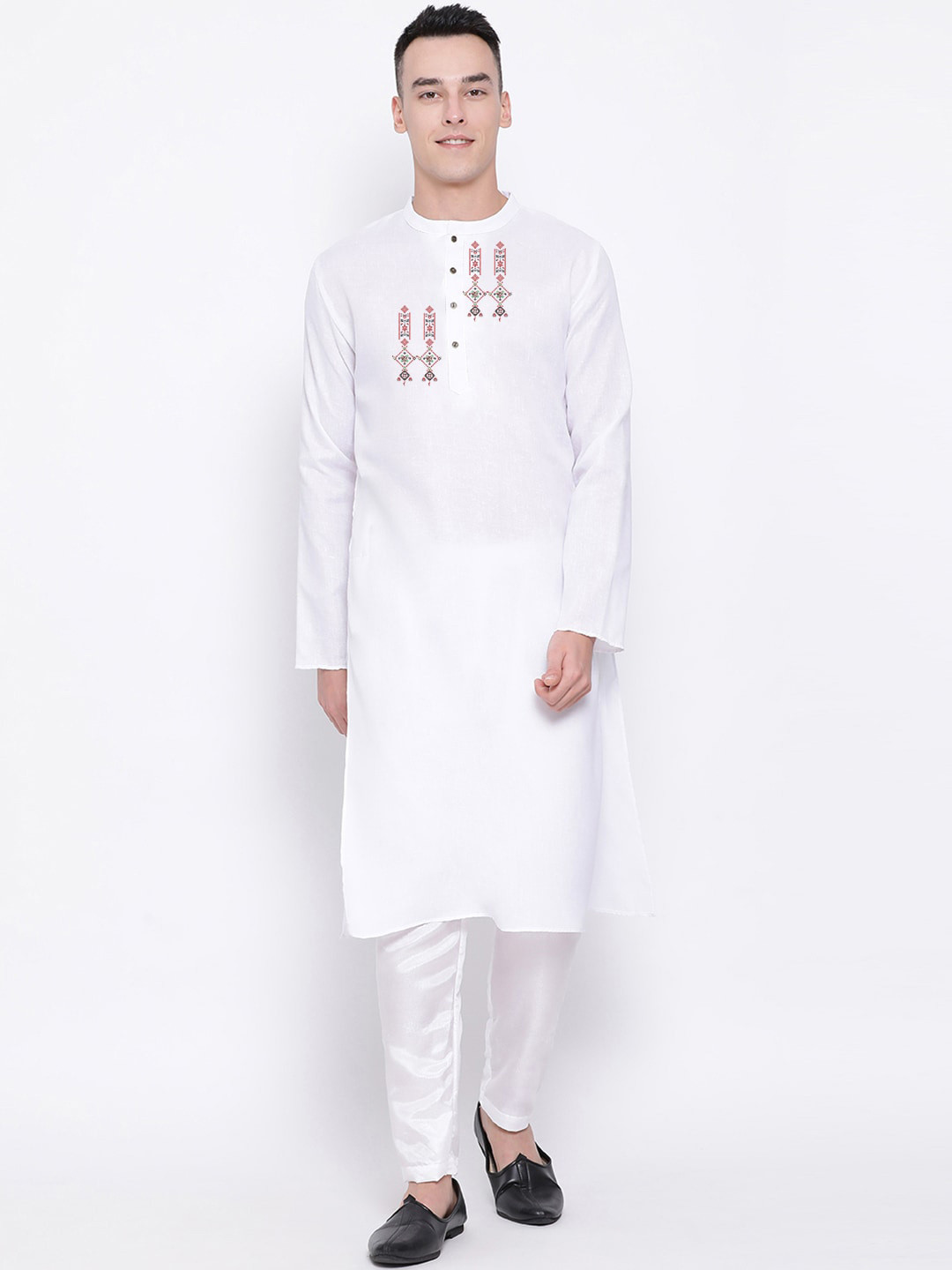 

DEVOILER Ethnic Motifs Digital Printed Mandarin Collar Kurta, White