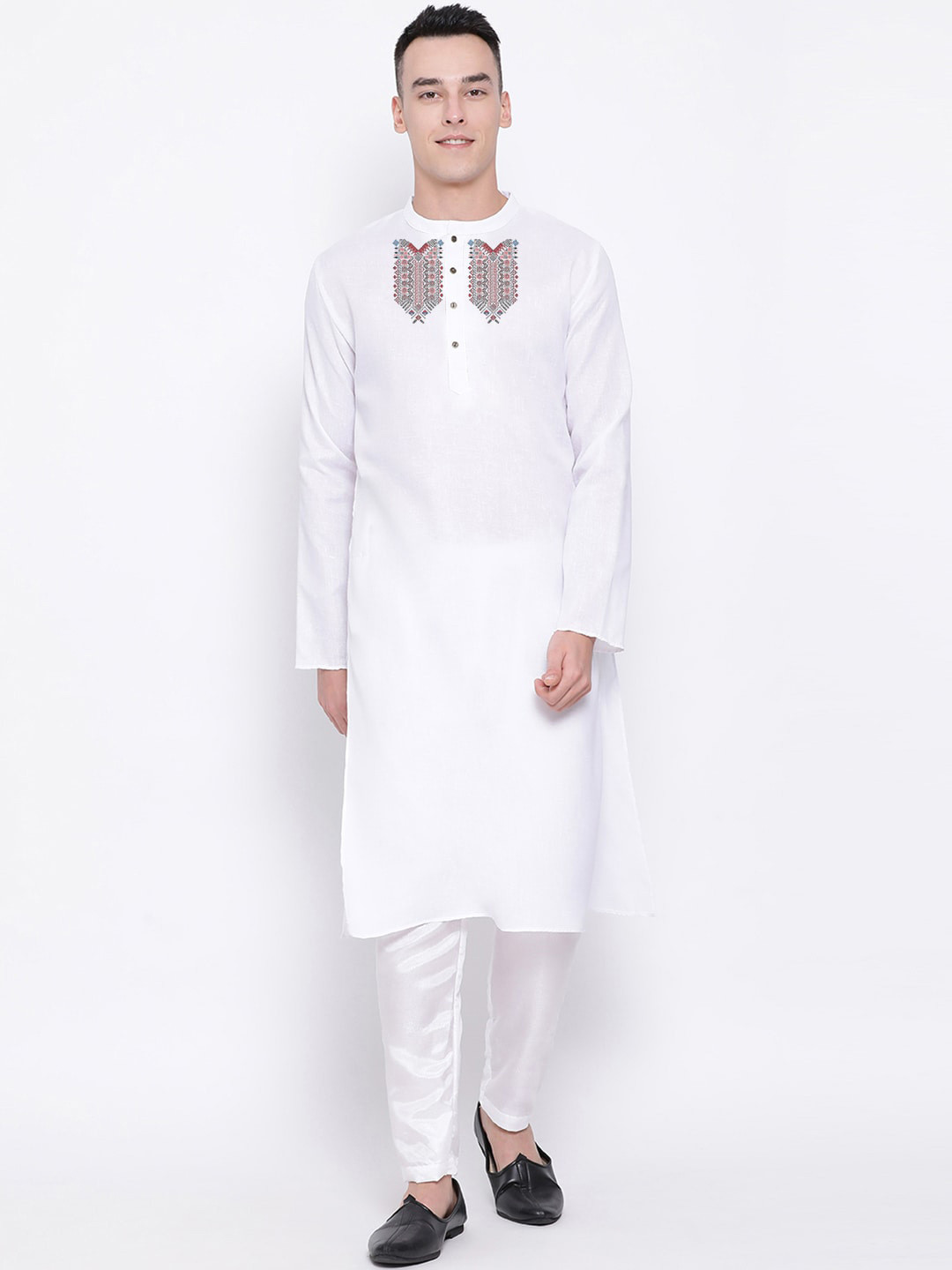 

DEVOILER Ethnic Motif Printed Mandarin Collar Cotton Kurta, White