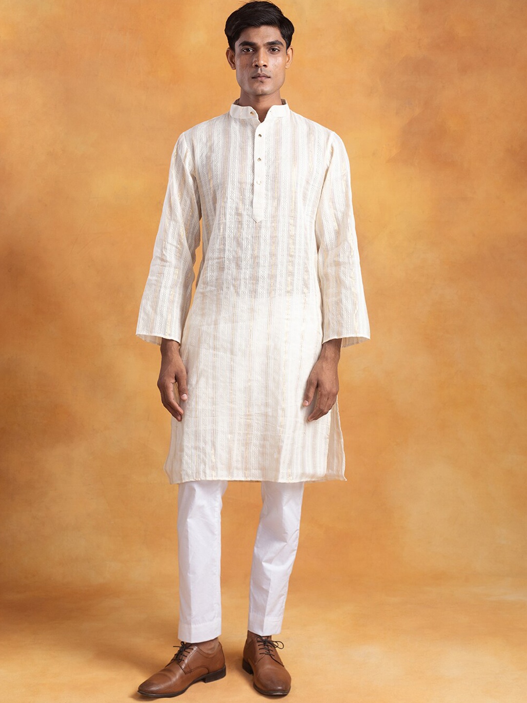 

Aashima Wahal Striped Band Collar Cotton Kurta, Off white