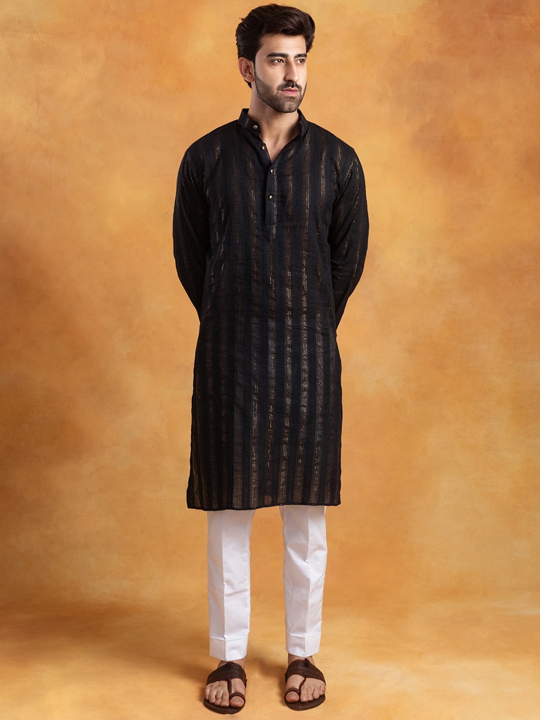 

Aashima Wahal Striped Zari Band Collar Cotton Kurta, Black
