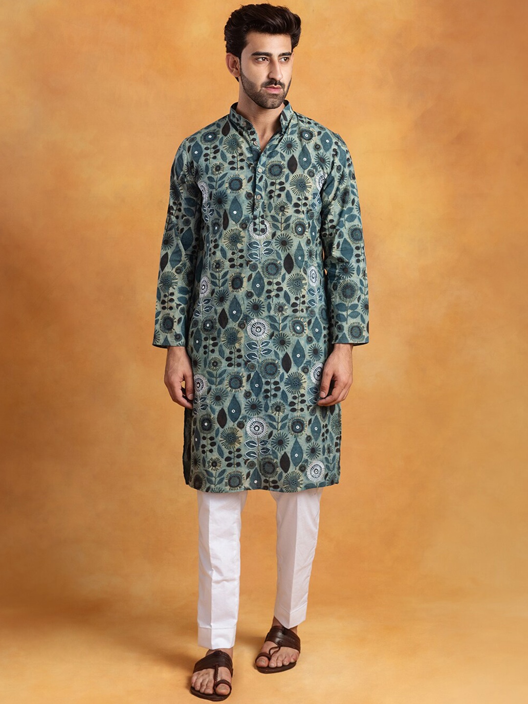 

Aashima Wahal Floral Block Printed Band Collar Cotton Kurta, Green