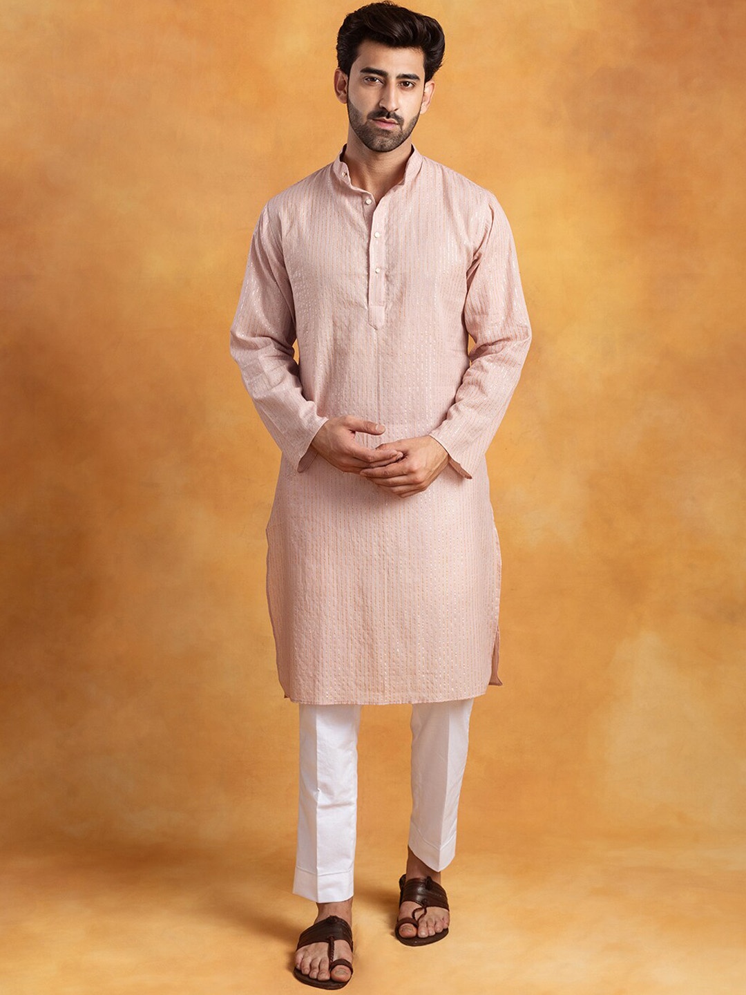 

Aashima Wahal Striped Mandarin Collar Cotton Kurta, Pink