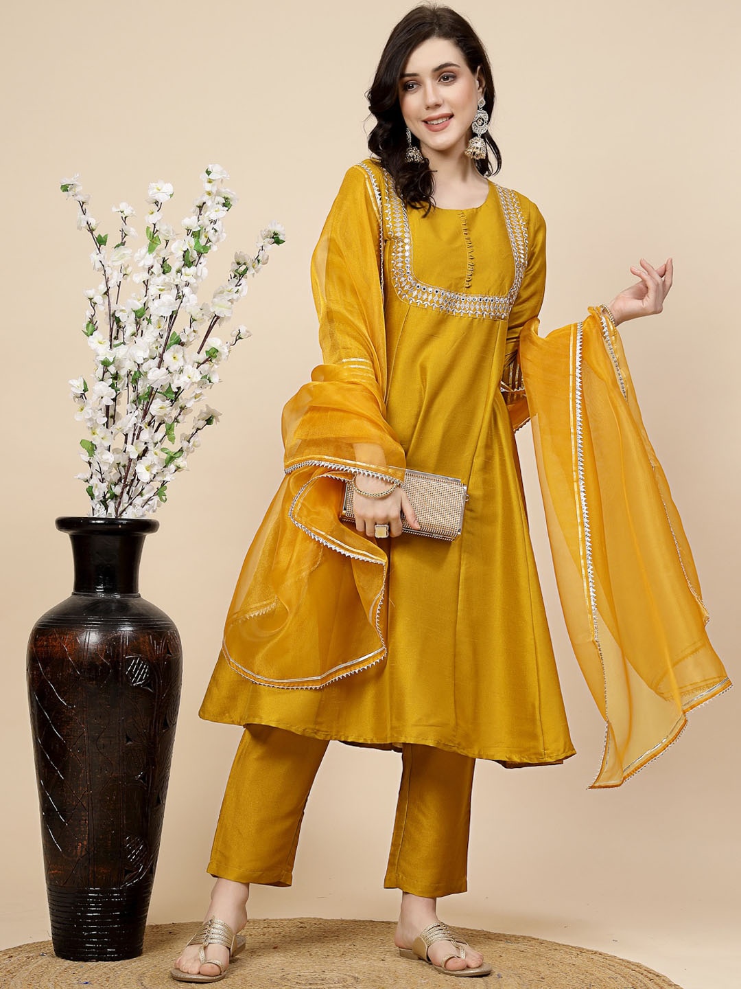 

Sangria Burgundy Yoke Design A-Line Kurta And Trousers With Dupatta, Yellow