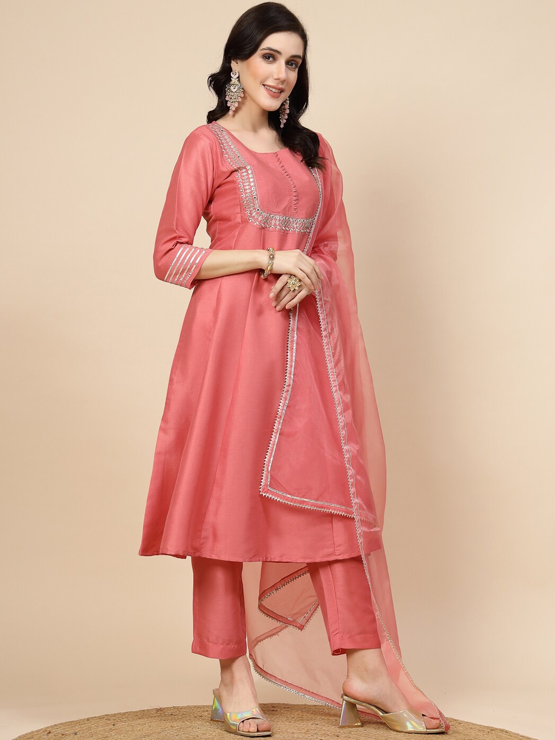 

Sangria Peach-Coloured Mirror Work Embroidered Anarkali Kurta & Trousers With Dupatta