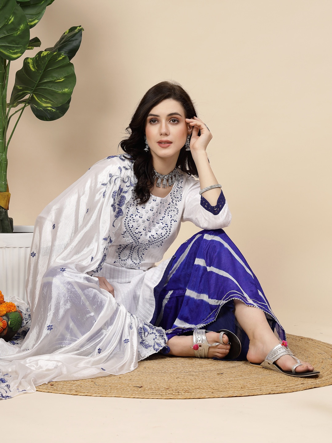 

Sangria White Woven Design Sequinned Pure Cotton Kurti With Palazzo & Dupatta