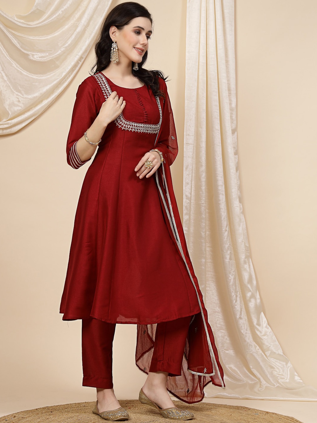 

Sangria Maroon Mirror Work Embroidered Anarkali Kurta With Trouser & Dupatta