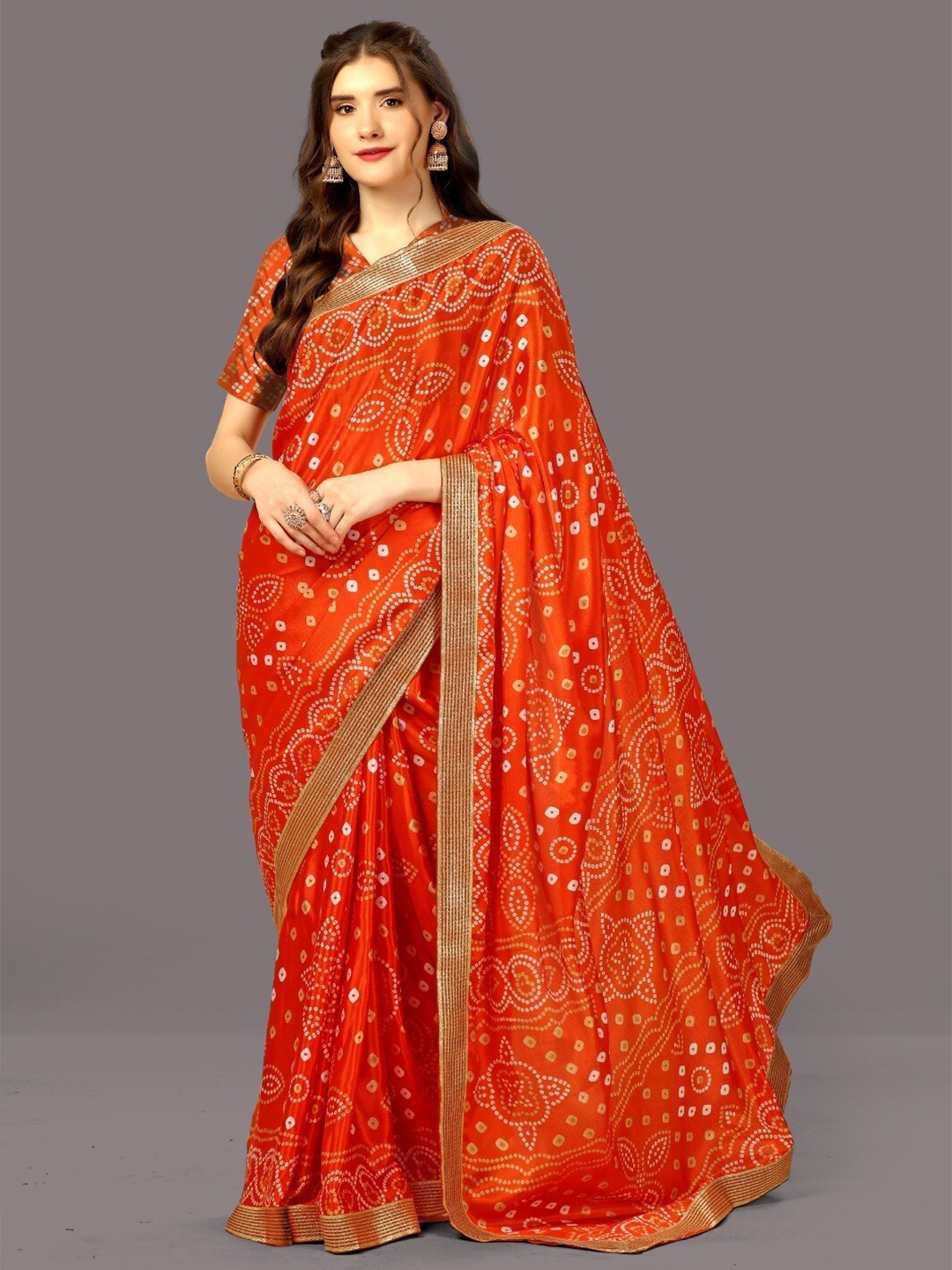 

WORIVOC Bandhani Printed Zari Saree, Orange