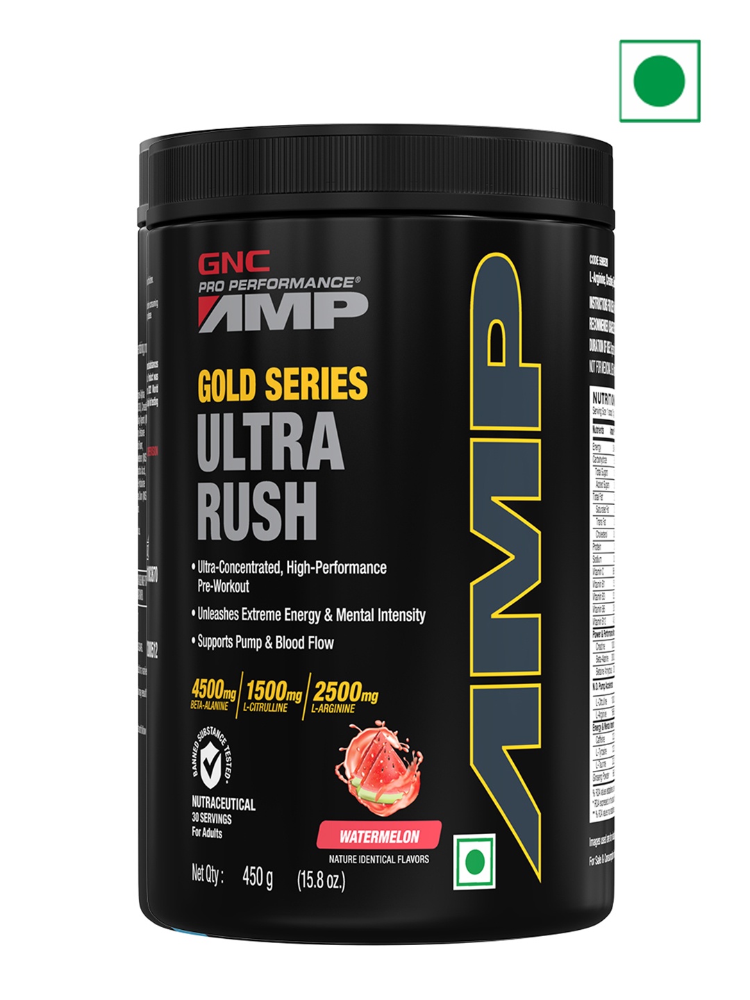 

GNC Pro Performance AMP Gold Series Watermelon Punch BCAA Advanced Powder - 450 gms, Black