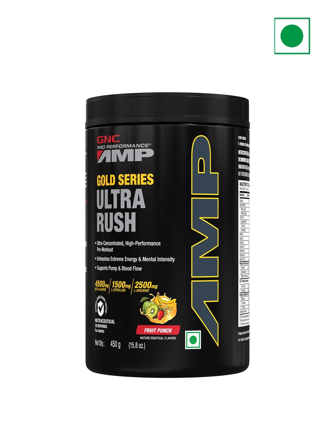 

GNC Pro Performance AMP Gold Series Fruit Punch Ultra Rush Pre Workout Powder - 450 gms, Black