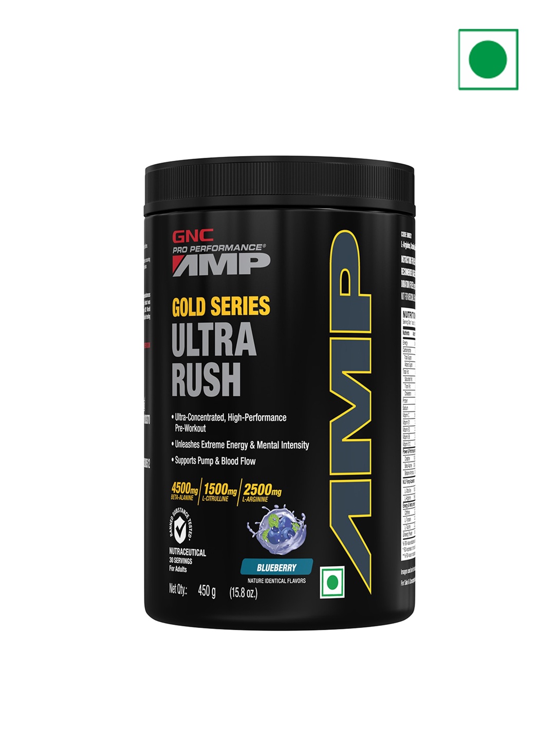 

GNC AMP Blue Rasberry Flavoured Gold Series Ultra Rush - 450 gms, Black