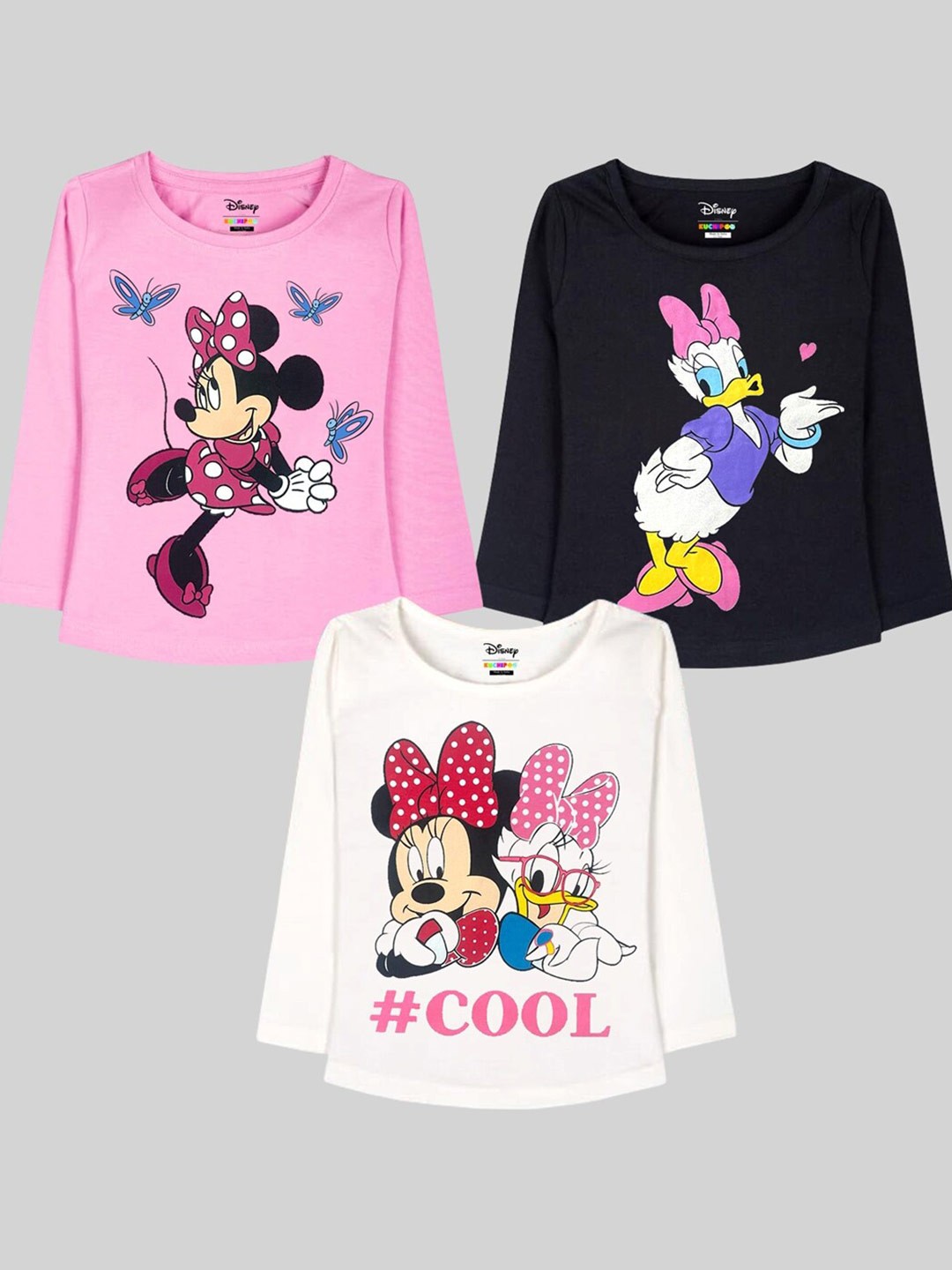 

KUCHIPOO Girls Pack Of 3 Printed Round Neck Cotton T-shirts, Pink