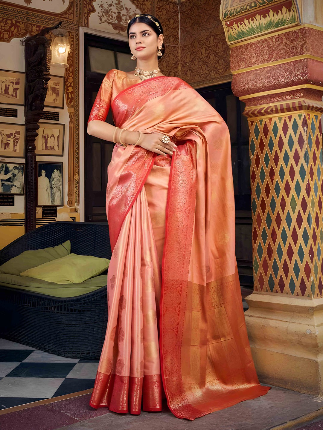 

MAGMINA Ethnic Motifs Woven Design Zari Pure Silk Kanjeevaram Saree, Orange