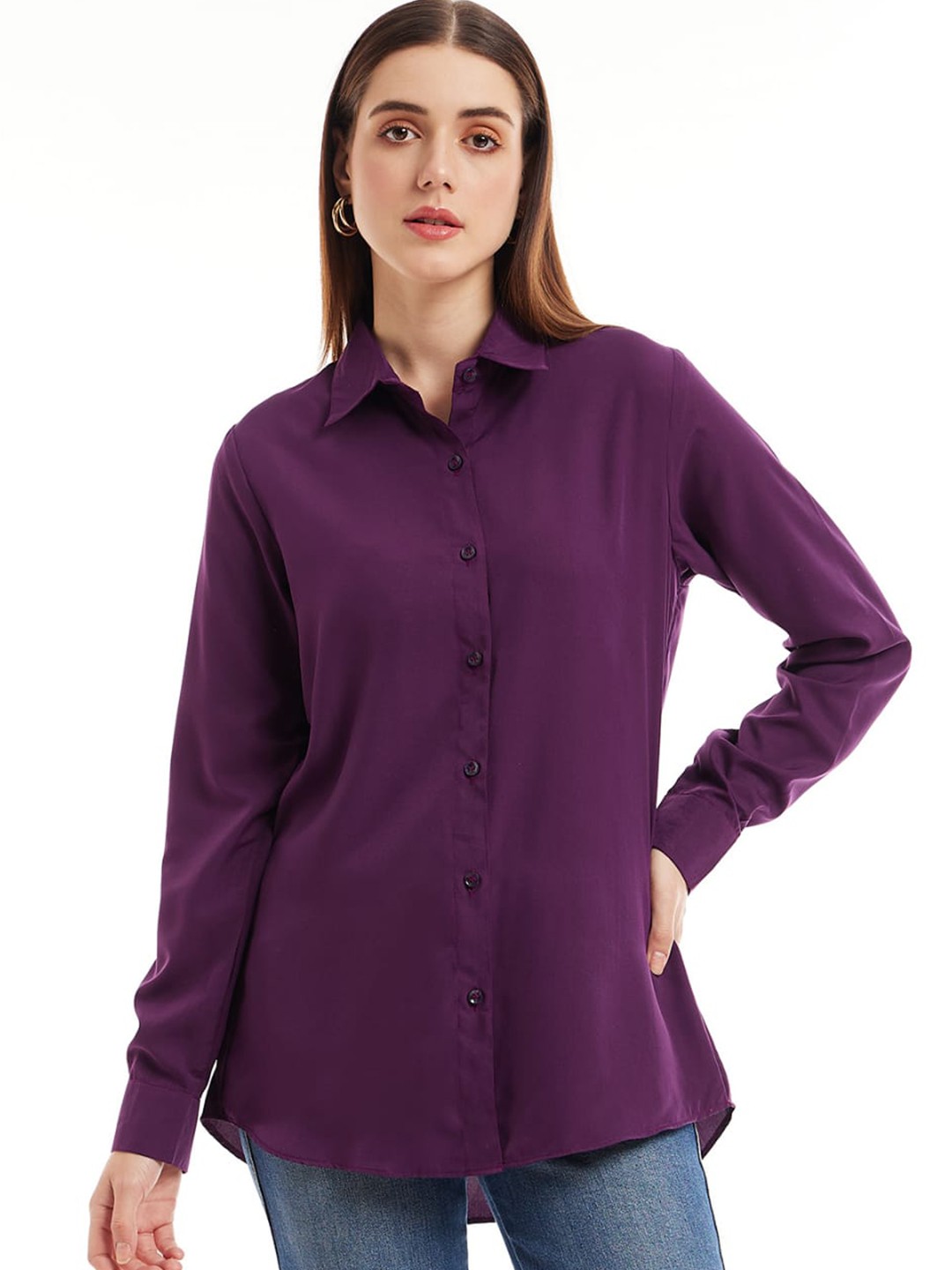 

all about you Comfort Longline Spread Collar Casual Shirt, Burgundy