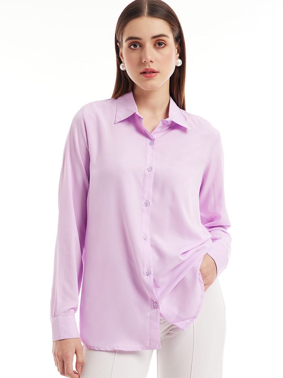 

all about you Spread Collar Oversized Casual Shirt, Lavender