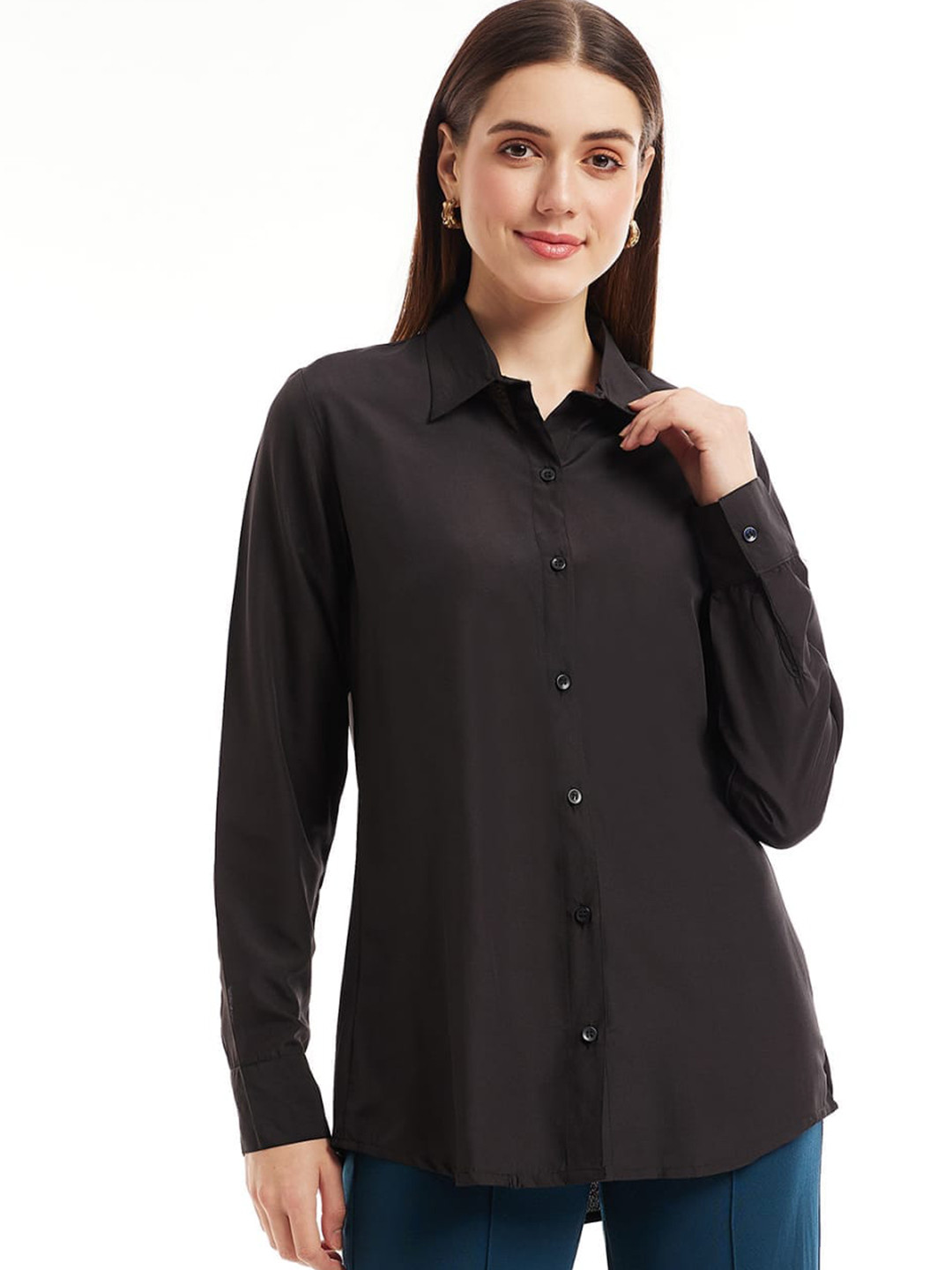 

all about you Oversized Spread Collar Long Sleeves Crepe Casual Shirt, Black