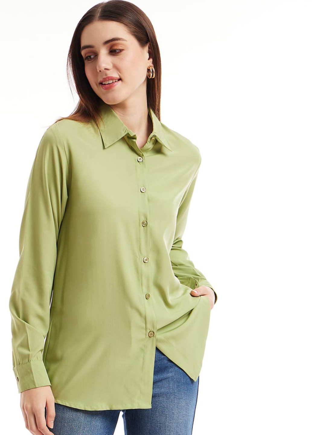 

all about you Comfort Spread Collar Casual Longline Shirt, Green