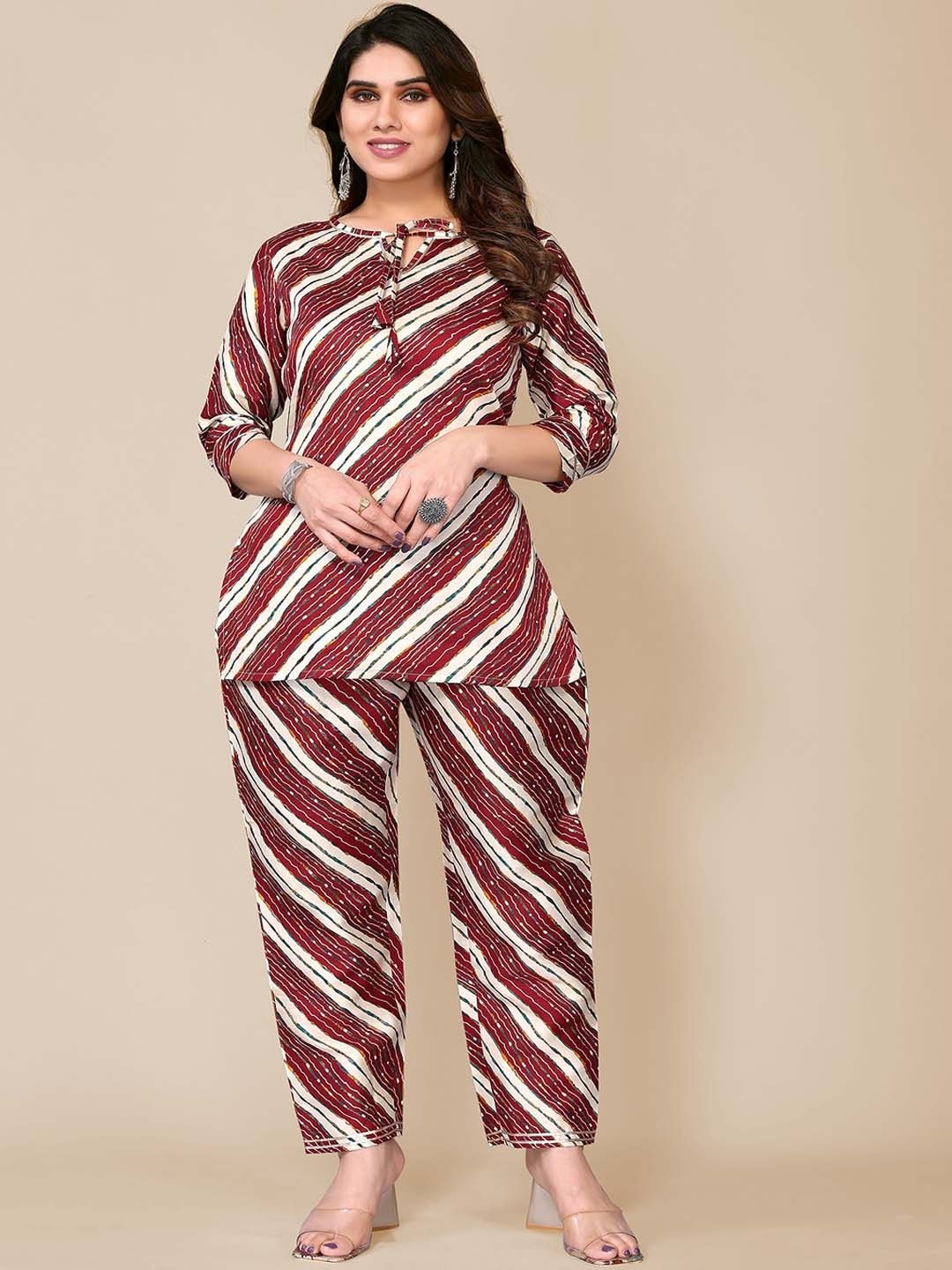

TITANIUM SILK INDUSTRIES PVT. LTD. Striped Tie Up Neck Tunic & Trouser, Maroon