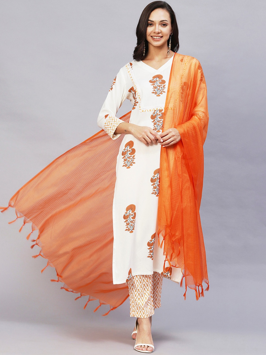 

KALINI Floral Printed V-Neck Regular Kurta With Trousers & Dupatta, Orange