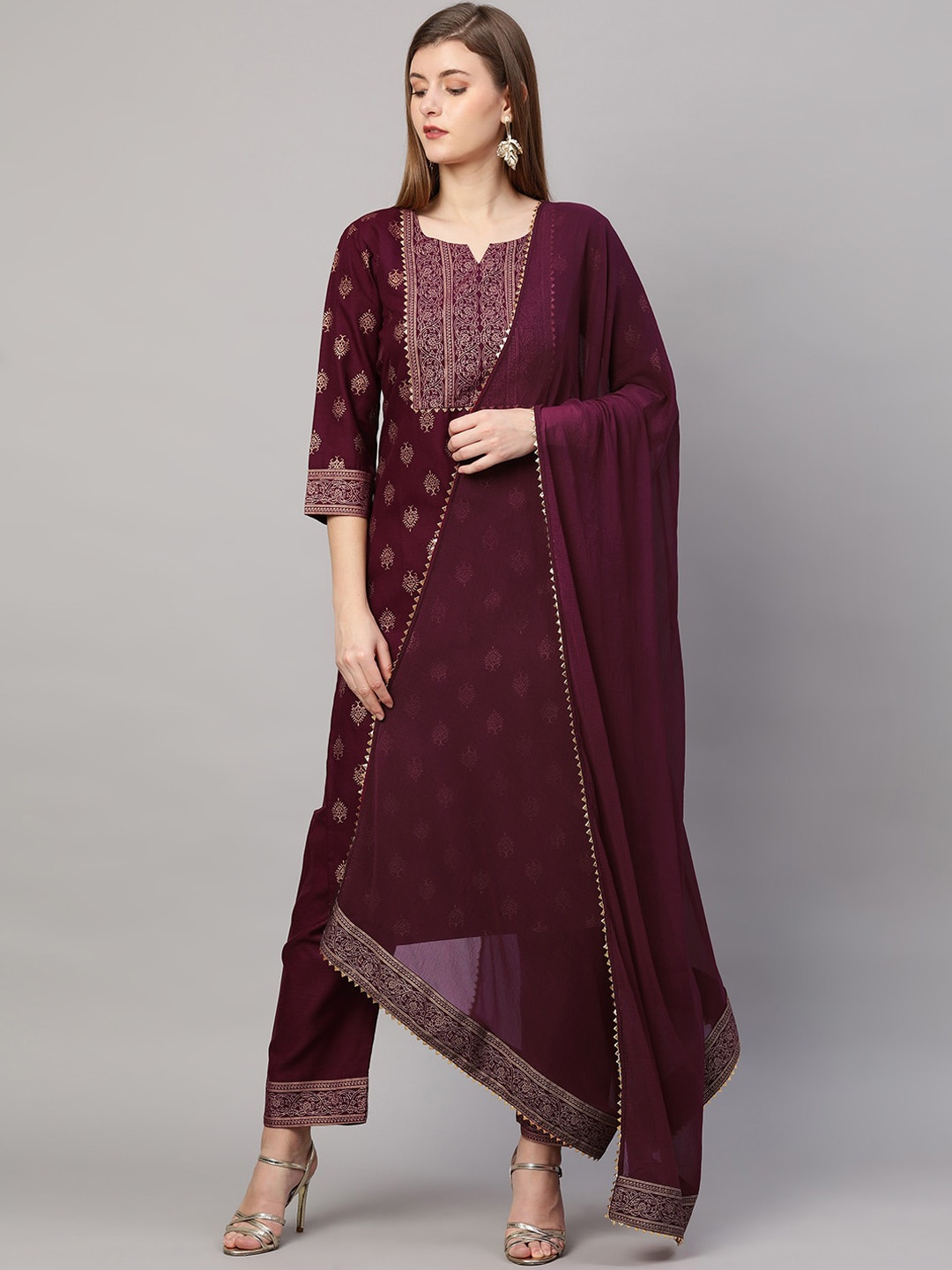 

KALINI Ethnic Motifs Printed Gotta Patti Straight Kurta With Trousers & Dupatta, Burgundy