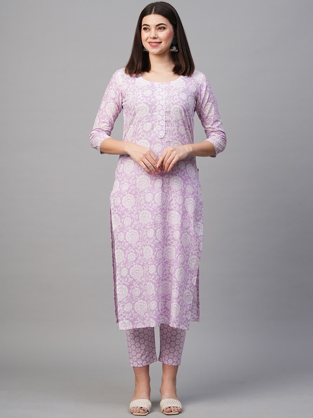 

KALINI Floral Printed Straight Kurta with Trousers, Purple