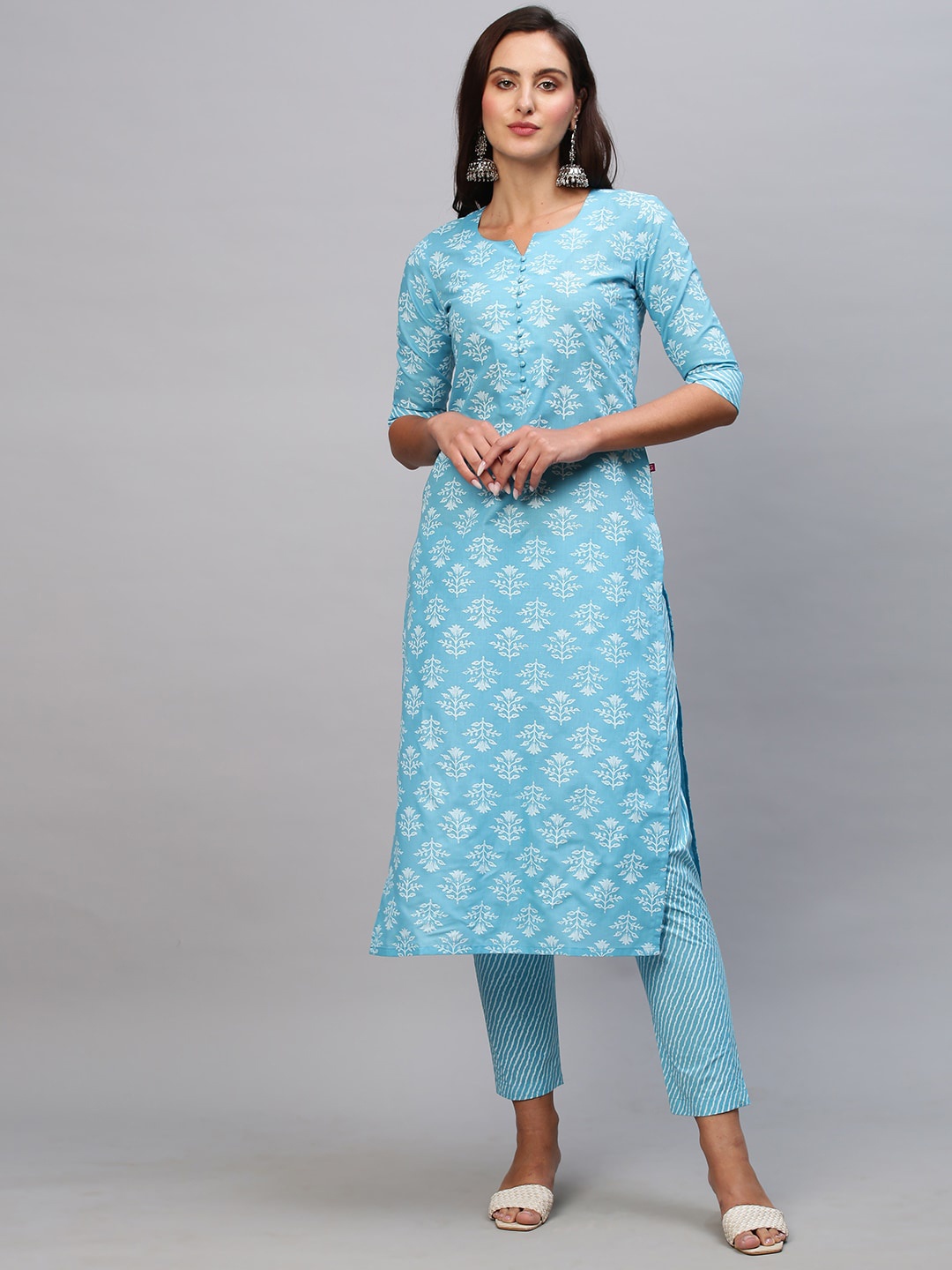 

KALINI Floral Printed Regular Straight Kurta with Trousers, Blue