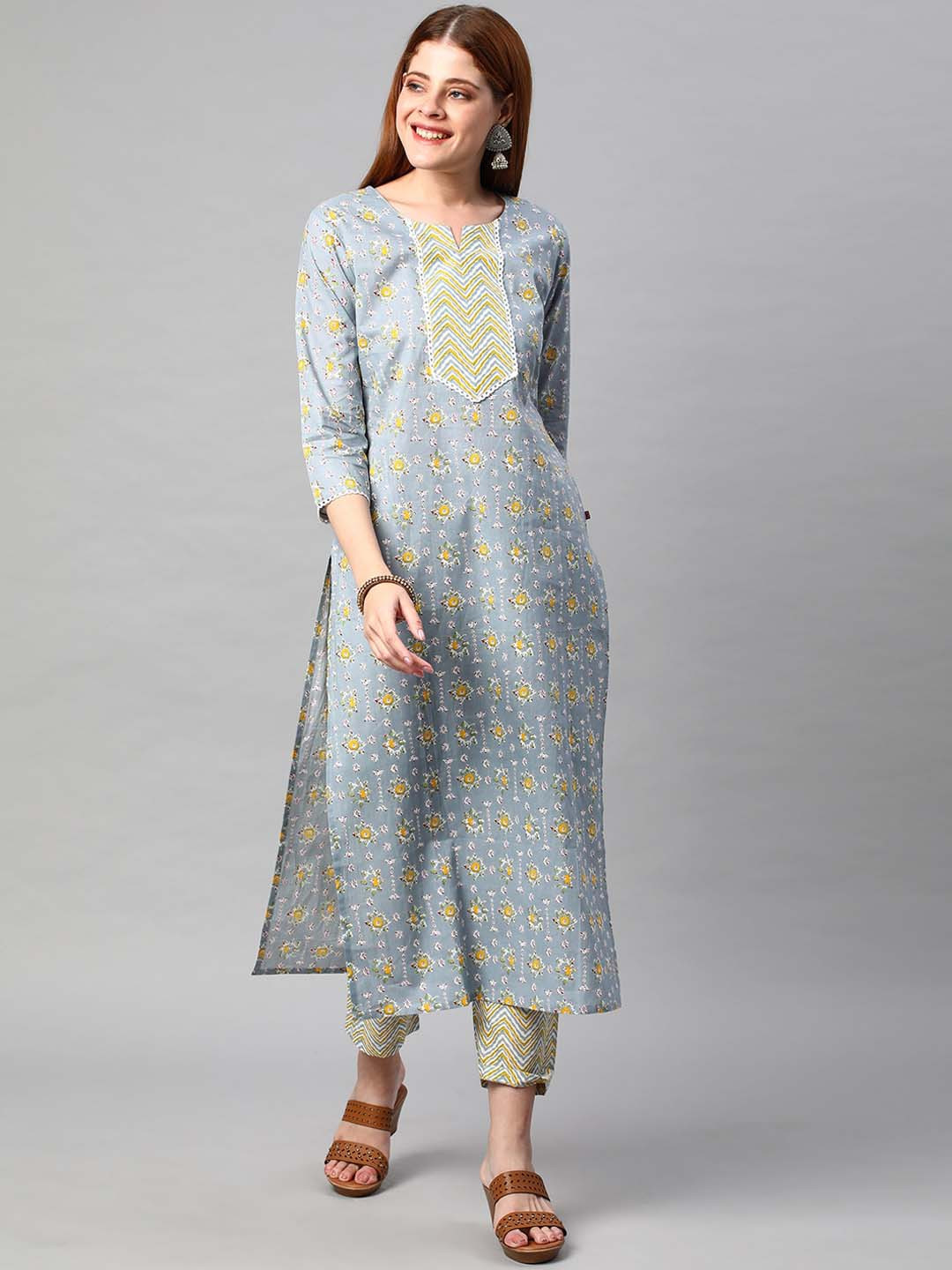 

KALINI Ethnic Motifs Printed Straight Kurta with Trousers, Grey