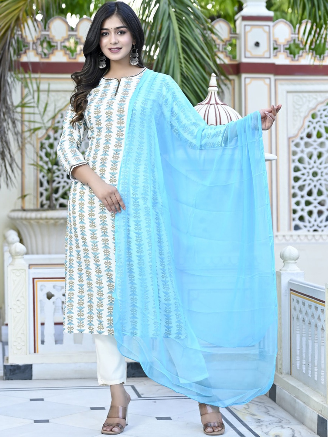 

KALINI Ethnic Mpotifs Printed Straight Kurta & Trousers With Dupatta, Blue