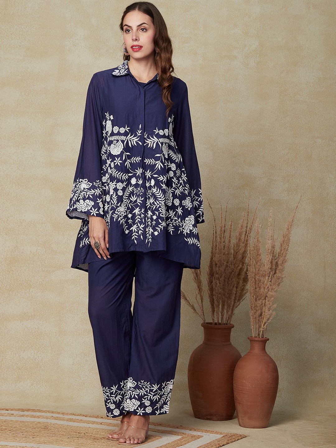 

FASHOR Floral Embroidered Pure Cotton Tunic With Trousers, Navy blue