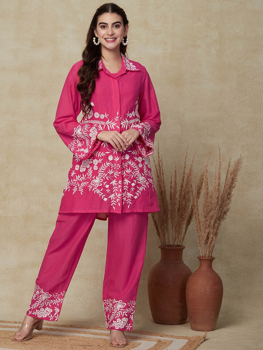 

FASHOR Floral Embroidered Pure Cotton Tunic With Trousers, Pink