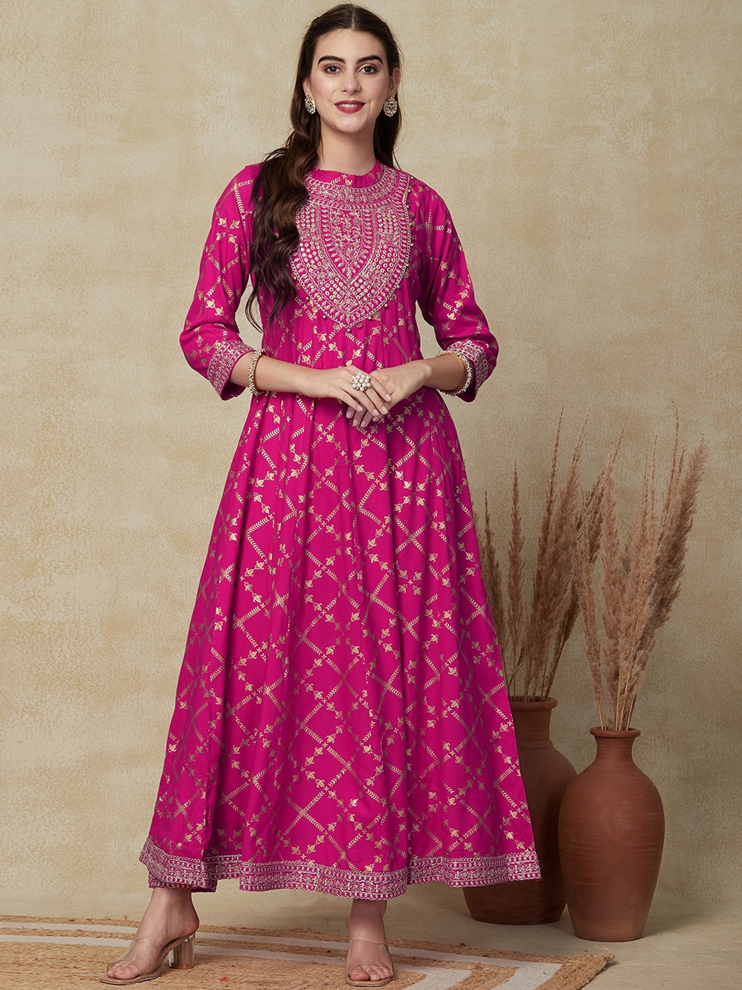 

FASHOR Ethnic Motifs Printed Band Collar Mirror Work Kurta with Trousers, Pink