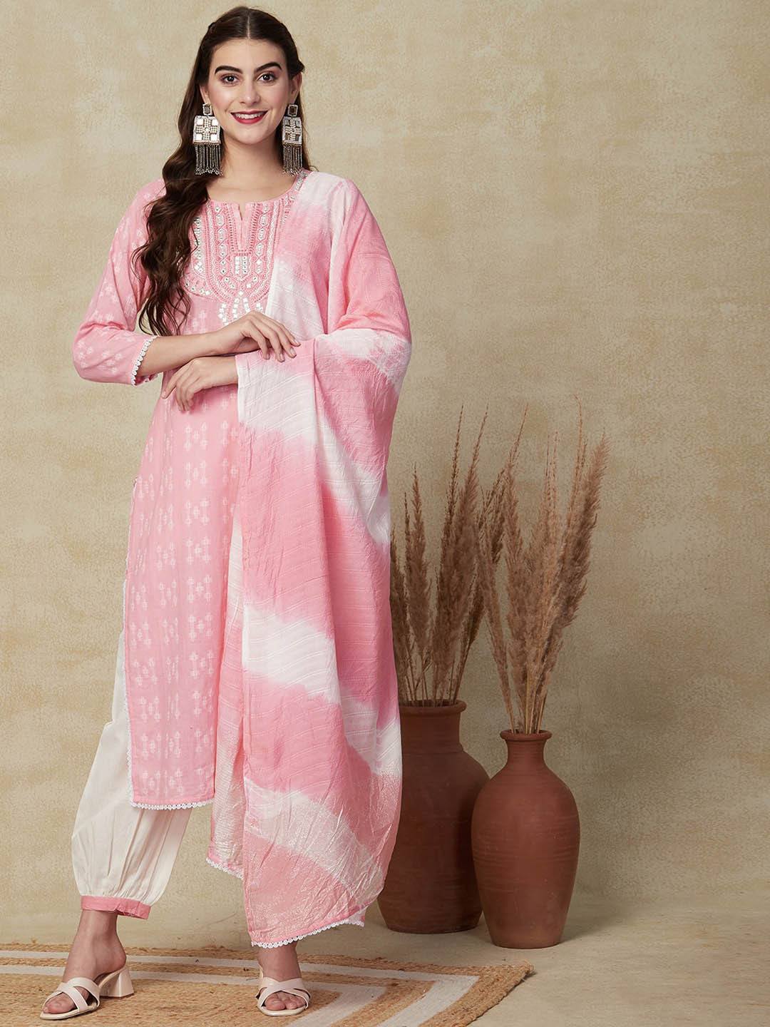 

FASHOR Ethnic Motifs Printed Mirror Work Pure Cotton Dobby Kurta With Salwar & Dupatta, Pink