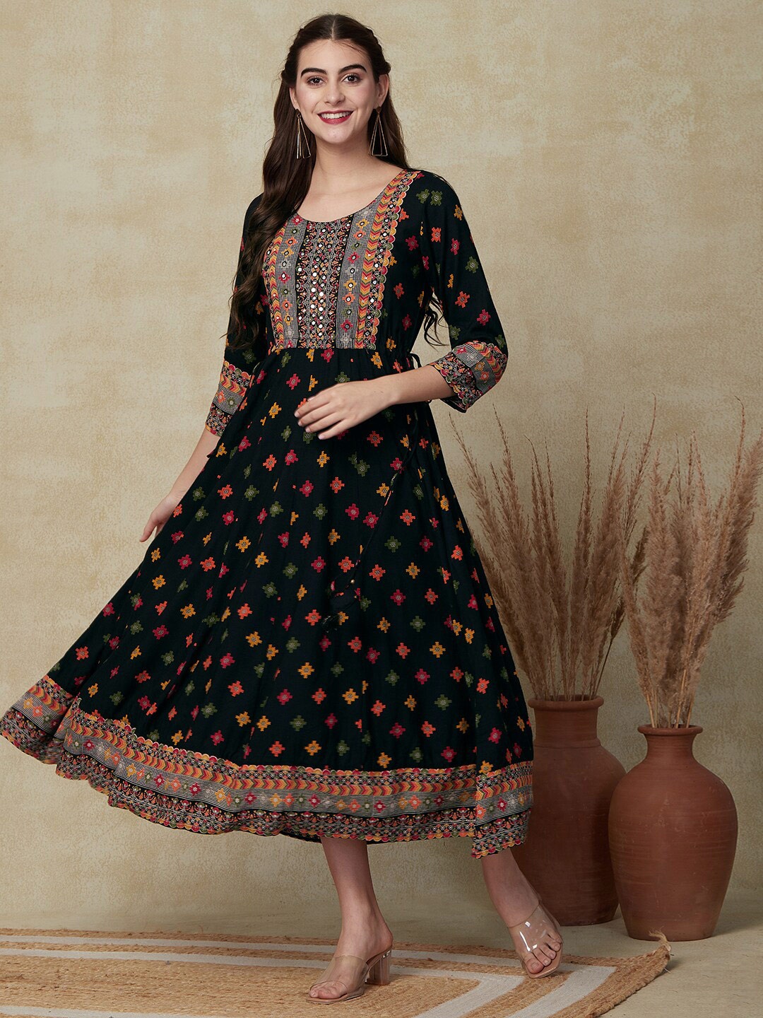 

FASHOR Geometric Printed Embroidered Detailed A-Line Ethnic Dress, Black