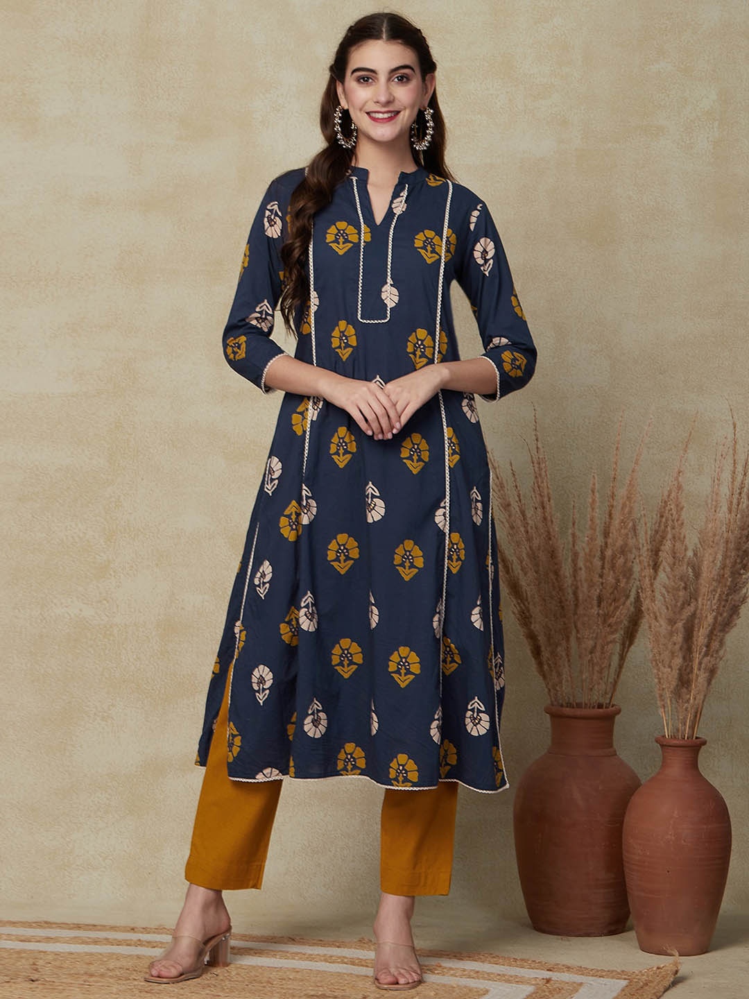 

FASHOR Floral Printed Mandarin Collar Kurta, Blue