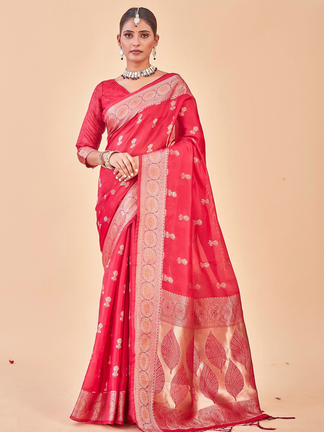 

Anouk Pink & Yellow Ethnic Motifs Woven Design Zari Organza Saree