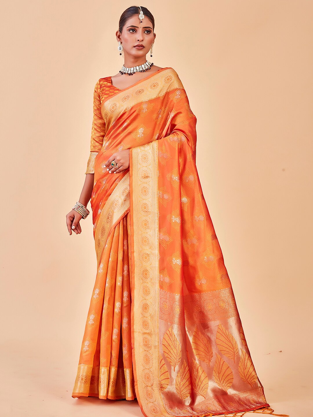 

Anouk Orange & Gold-Toned Ethnic Motif Woven Design Zari Saree