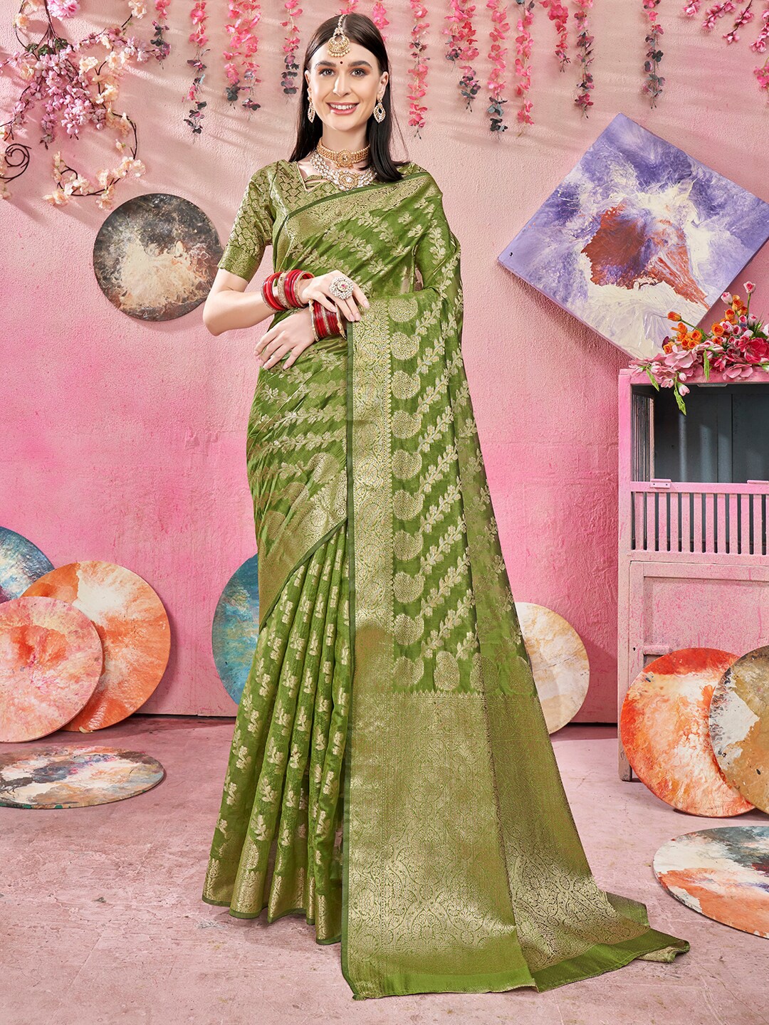 

Anouk Lime Ethnic Motifs Woven Design Zari Organza Saree, Lime green