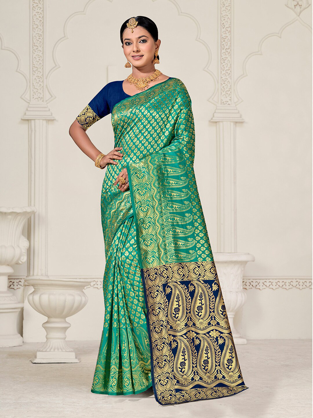 

Anouk Ethnic Motifs Woven Design Zari Kanjeevaram Saree, Turquoise blue