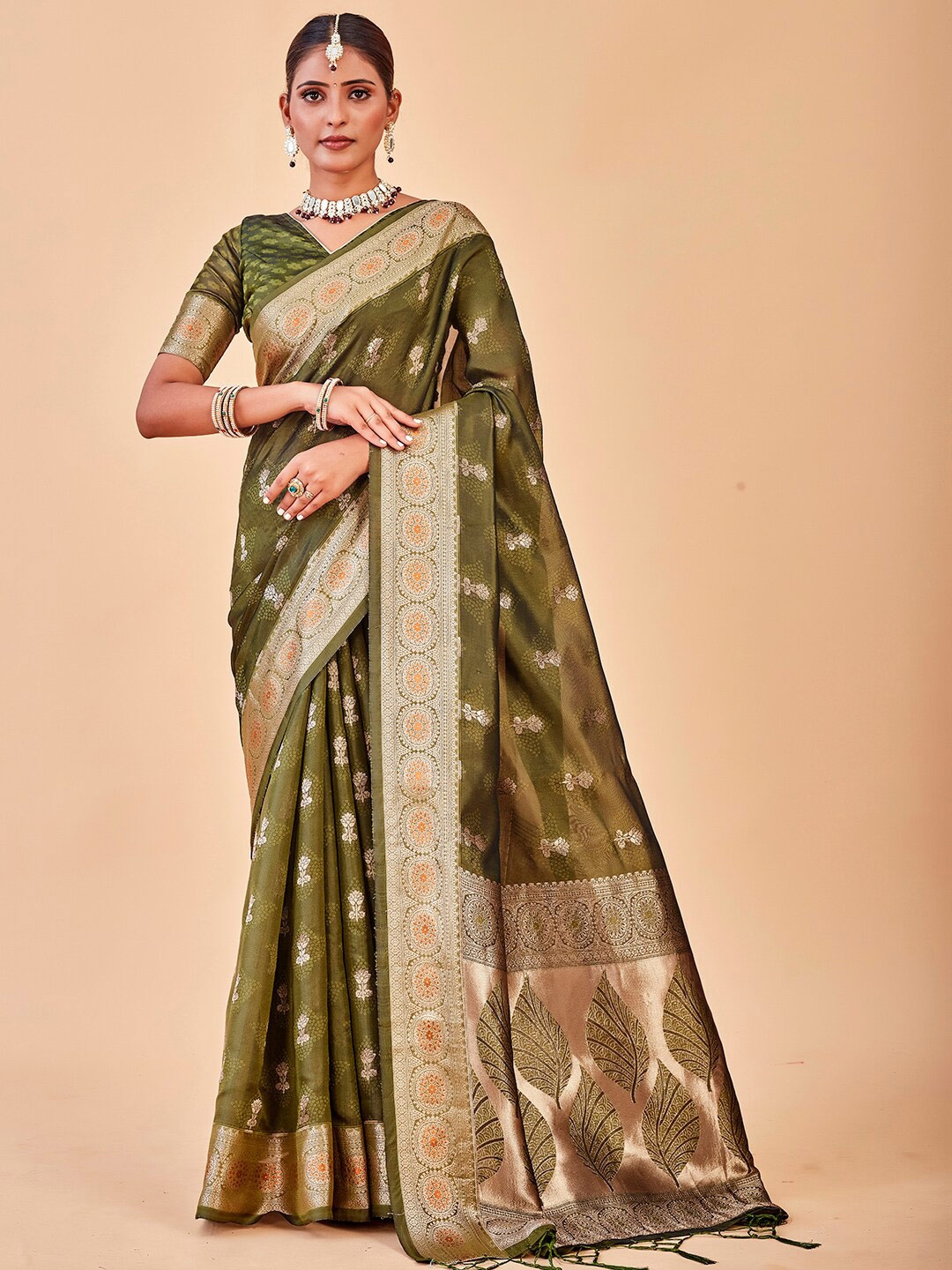 

Anouk Ethnic Motifs Woven Design Zari Organza Saree, Green