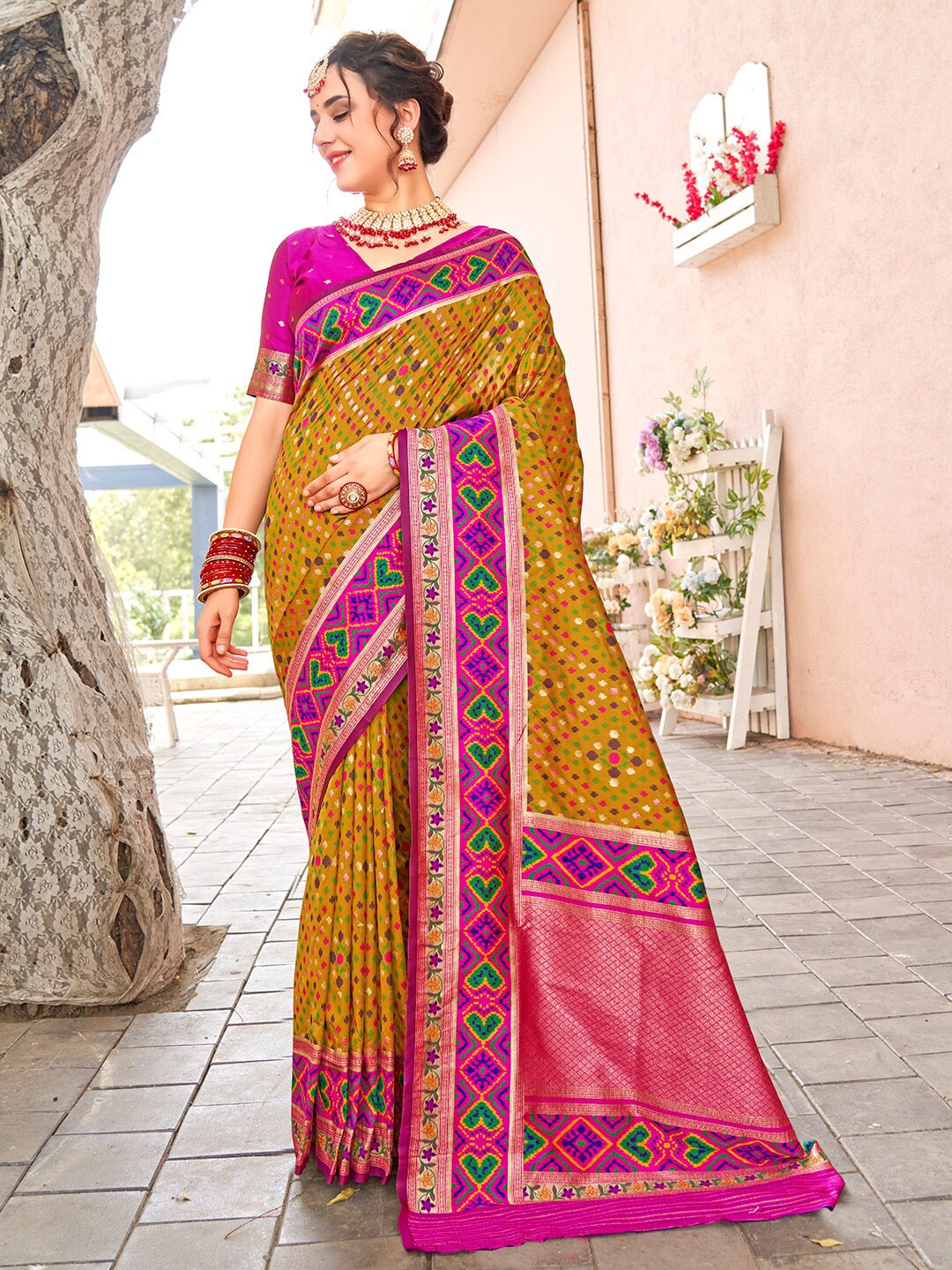 

Anouk Yellow & Pink Ethnic Motifs Woven Design Zari Paithani Saree