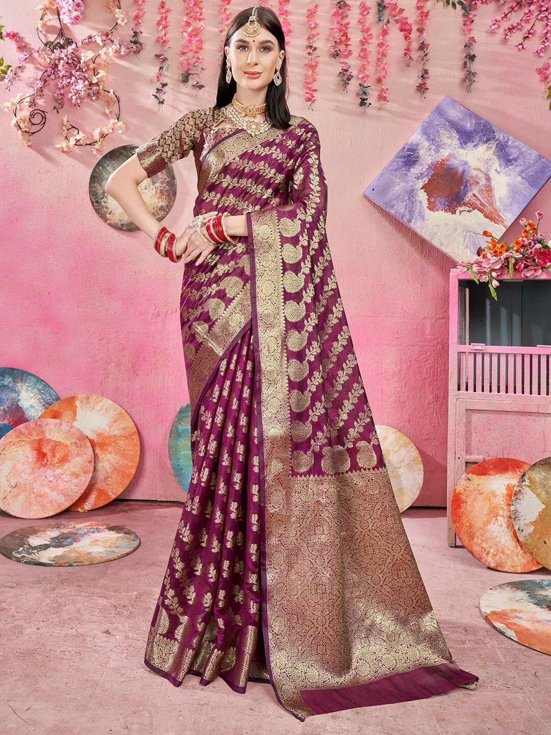 

Anouk Maroon & Gold-Toned Ethnic Motifs Woven Design Zari Organza Saree