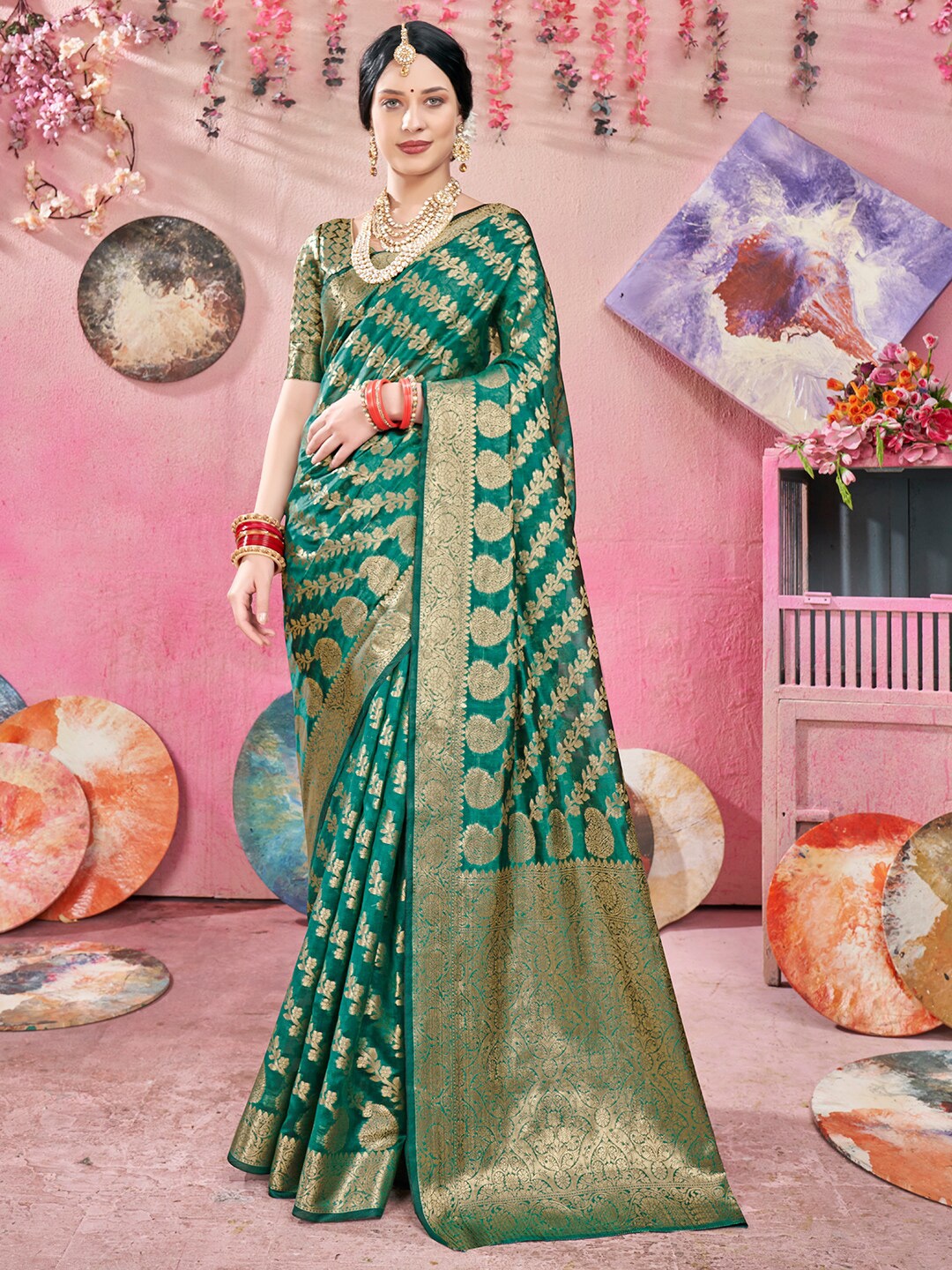 

Anouk Ethnic Motif Woven Design Zari Organza Saree, Green