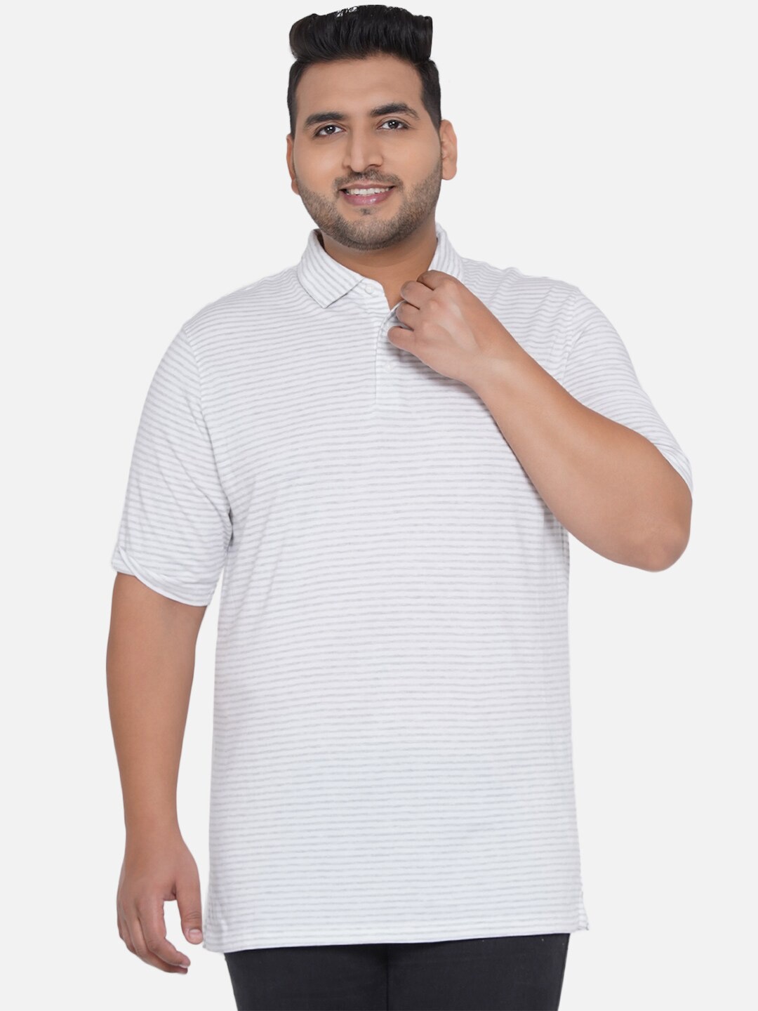 

Santonio Plus Size Striped Polo Collar Cotton T-shirt, White