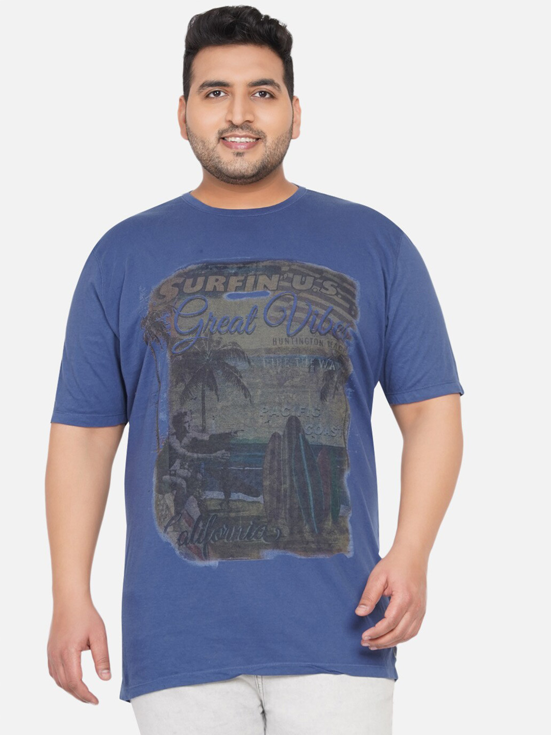 

Santonio Plus Size Graphic Printed Cotton T-shirt, Blue
