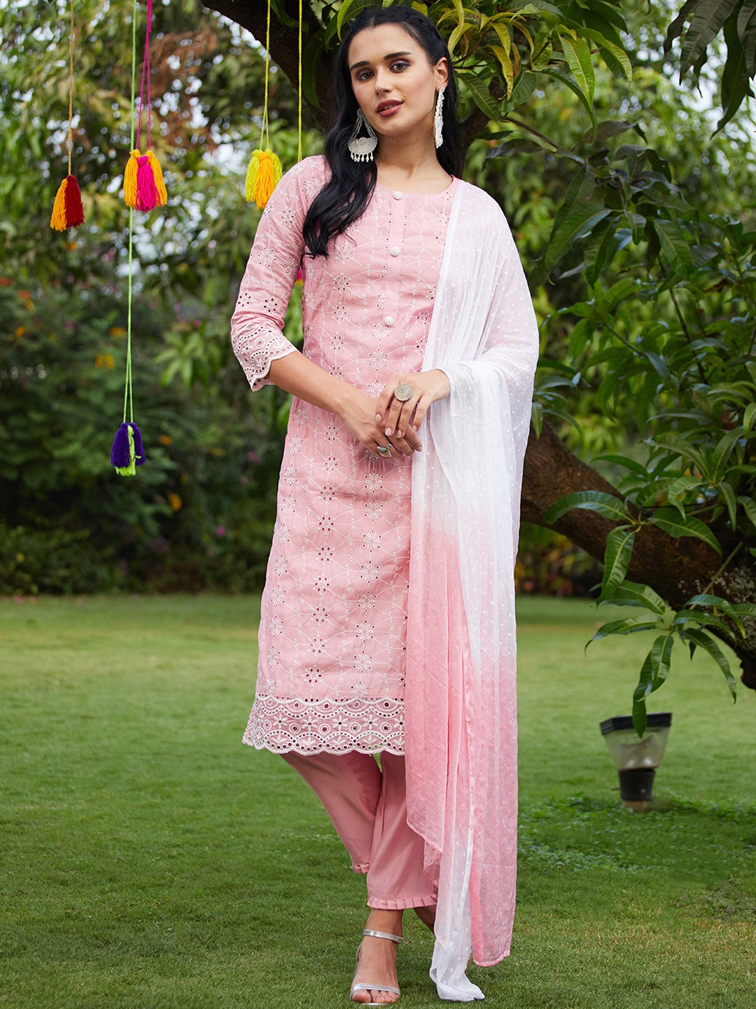 

FASHOR Floral Embroidered Regular Thread Work Kurta with Trousers & With Dupatta, Pink