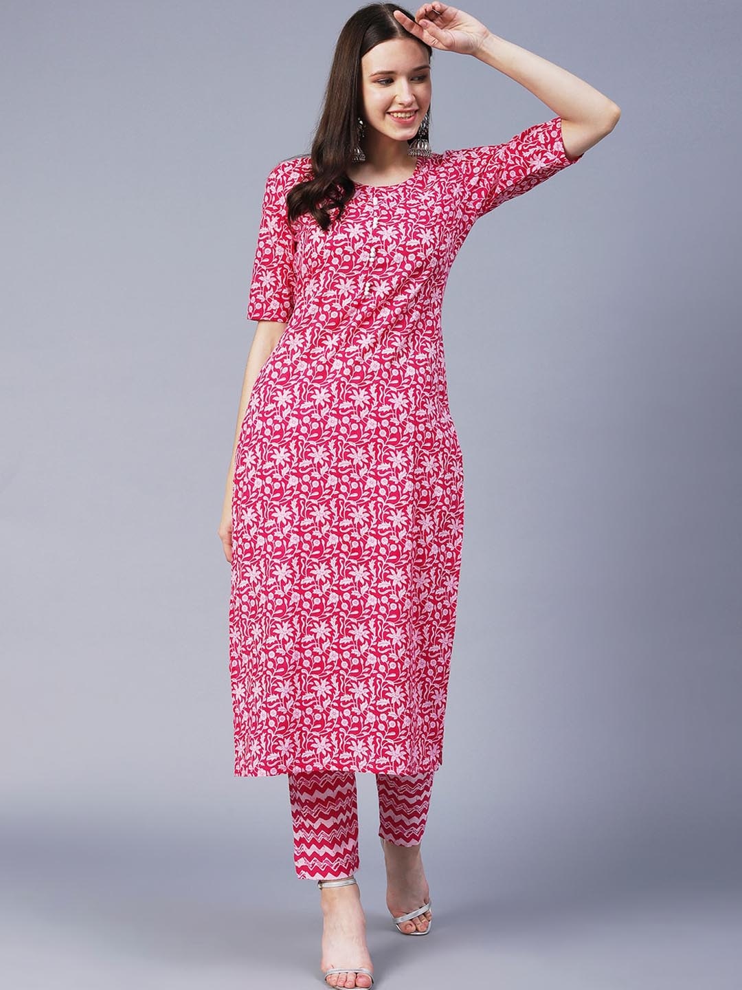 

KALINI Floral Printed Regular Kurta with Trousers, Pink