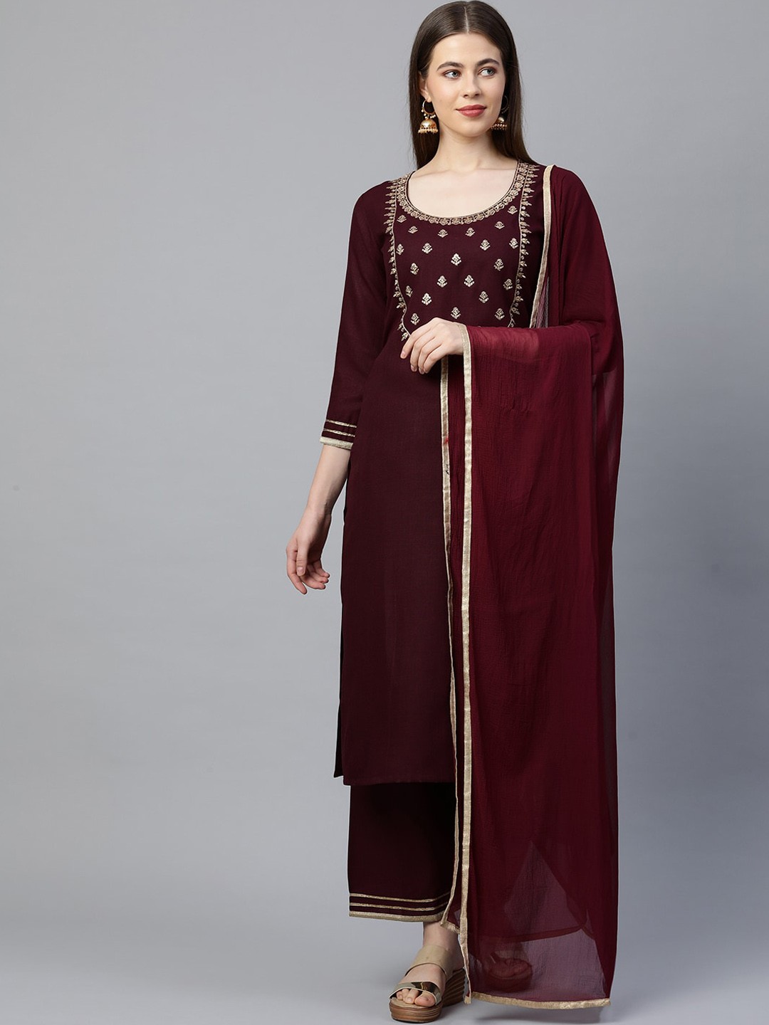 

KALINI Ethnic Motifs Yoke Design Sequinned Straight Kurta With Palazzos & Dupatta, Maroon